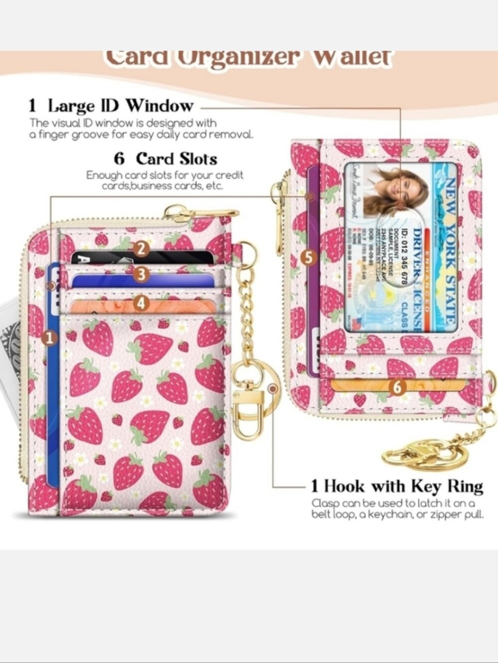 Strawberry Print Card Organizer Wallet - Pink
